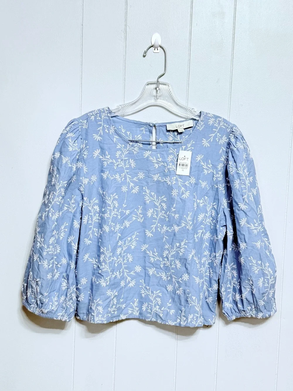 #12)  NWT LOFT Light Blue Embroidered Puff Sleeve Blouse With Side Zipper